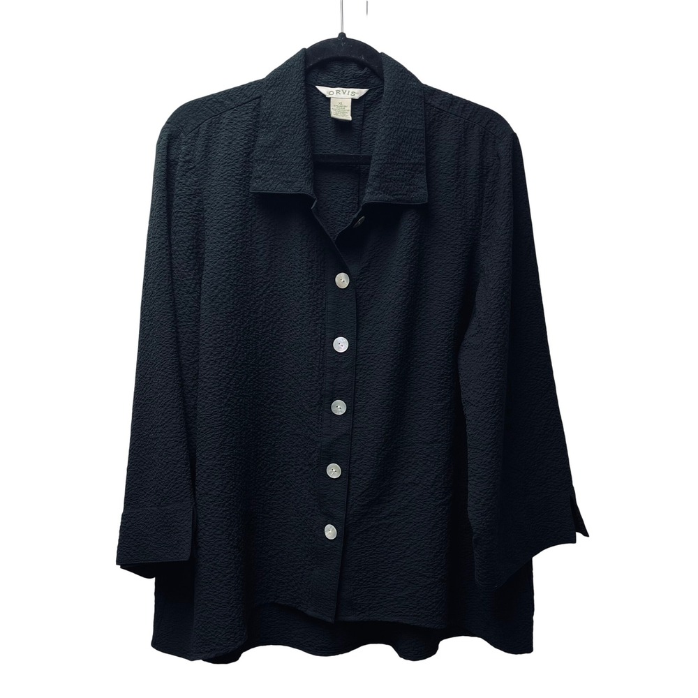 Orvis Seersucker XL Black Tunic Blouse Flowy Coastal Minimalist Layering Travel